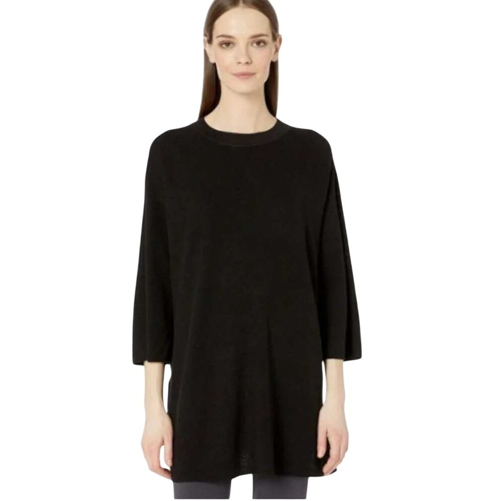 Eileen Fisher 3/4 Sleeve Tunic Sz S/M Black Organic Linen Knit Side Slit Sweater